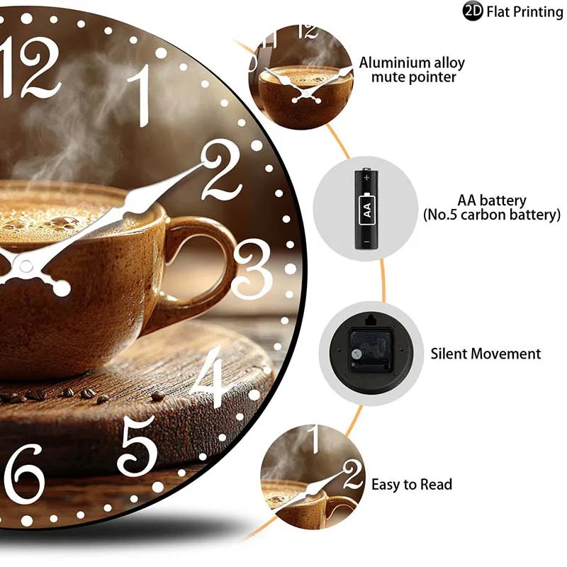 Close-up of the silent movement mechanism on the back of the coffee clock