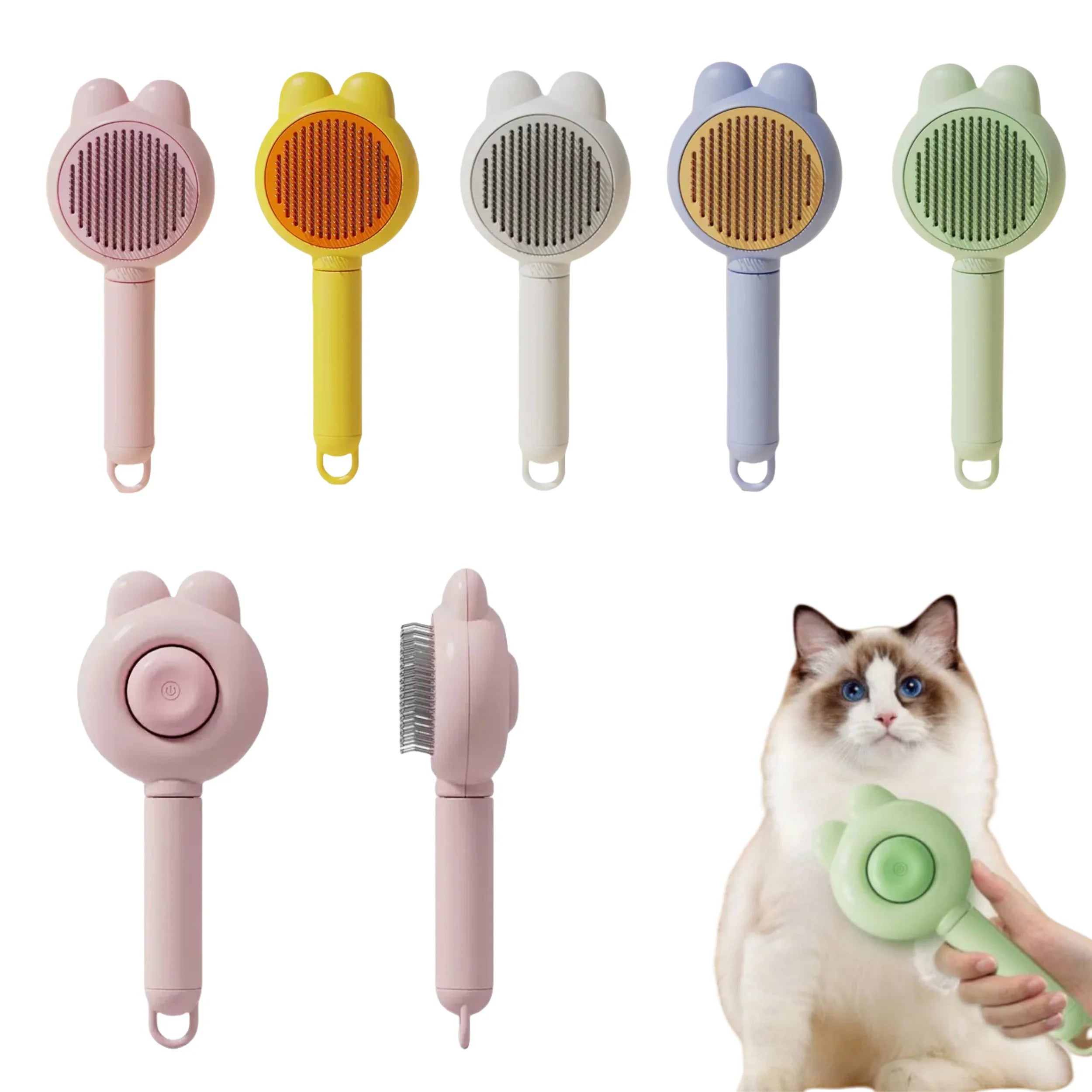 A comfortable cat being groomed with the one click brush
