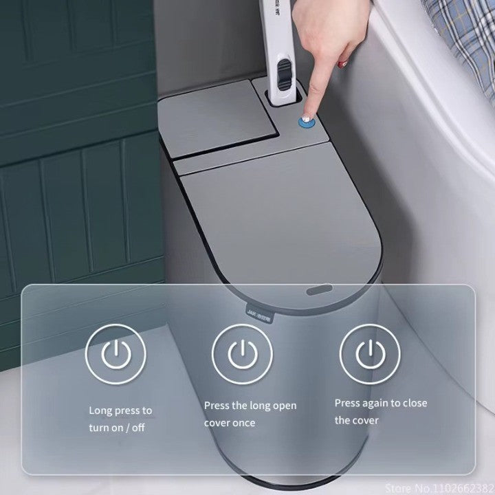 Close-up of the hidden toilet brush compartment in the sleek trash can