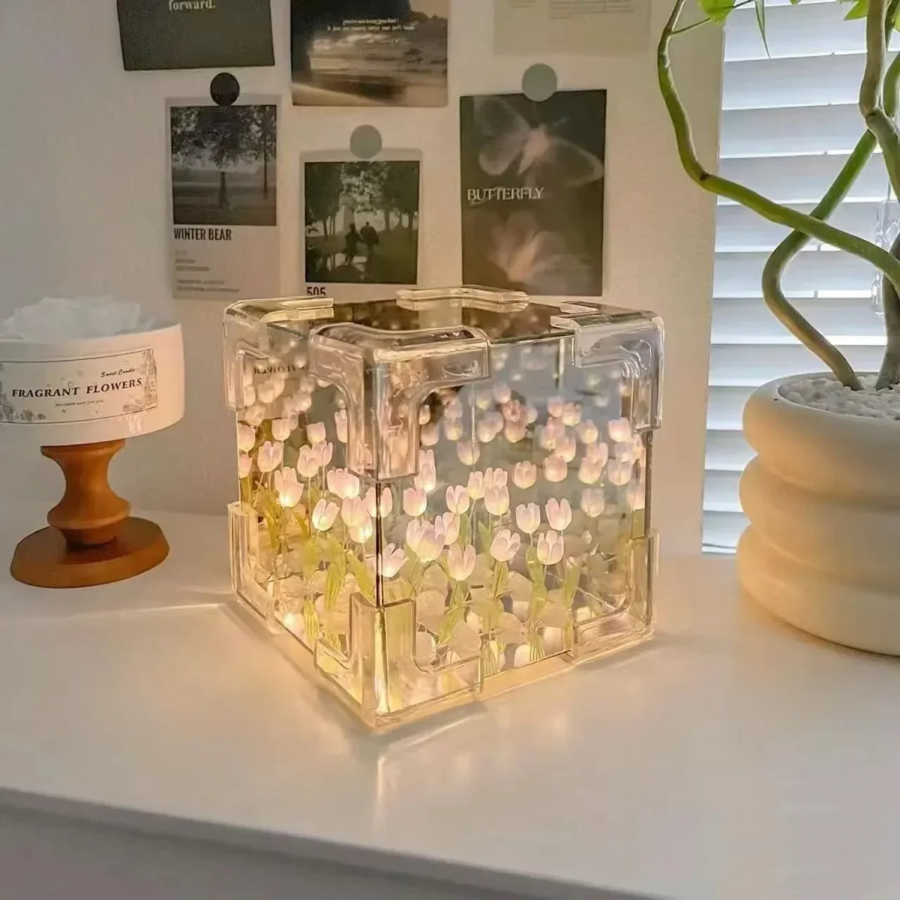 A close-up of the beautiful DIY tulip lamp showcasing its intricate design.
