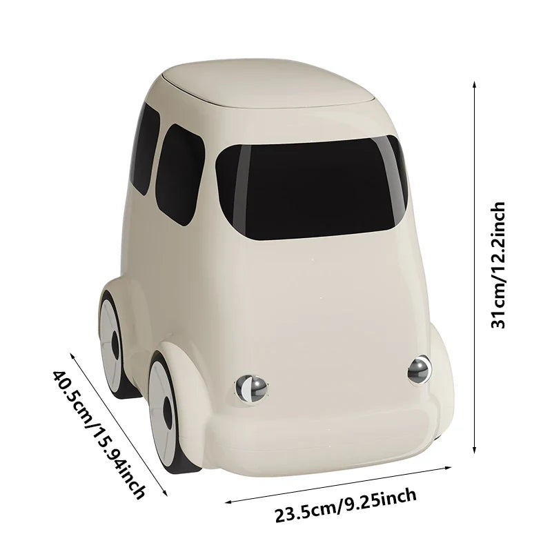 The Cartoon Car Kids Ride-On Trash Bin in a modern playroom setting