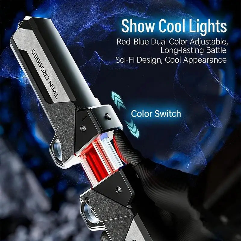 A person holding the dual-blade LED knife in a dark room