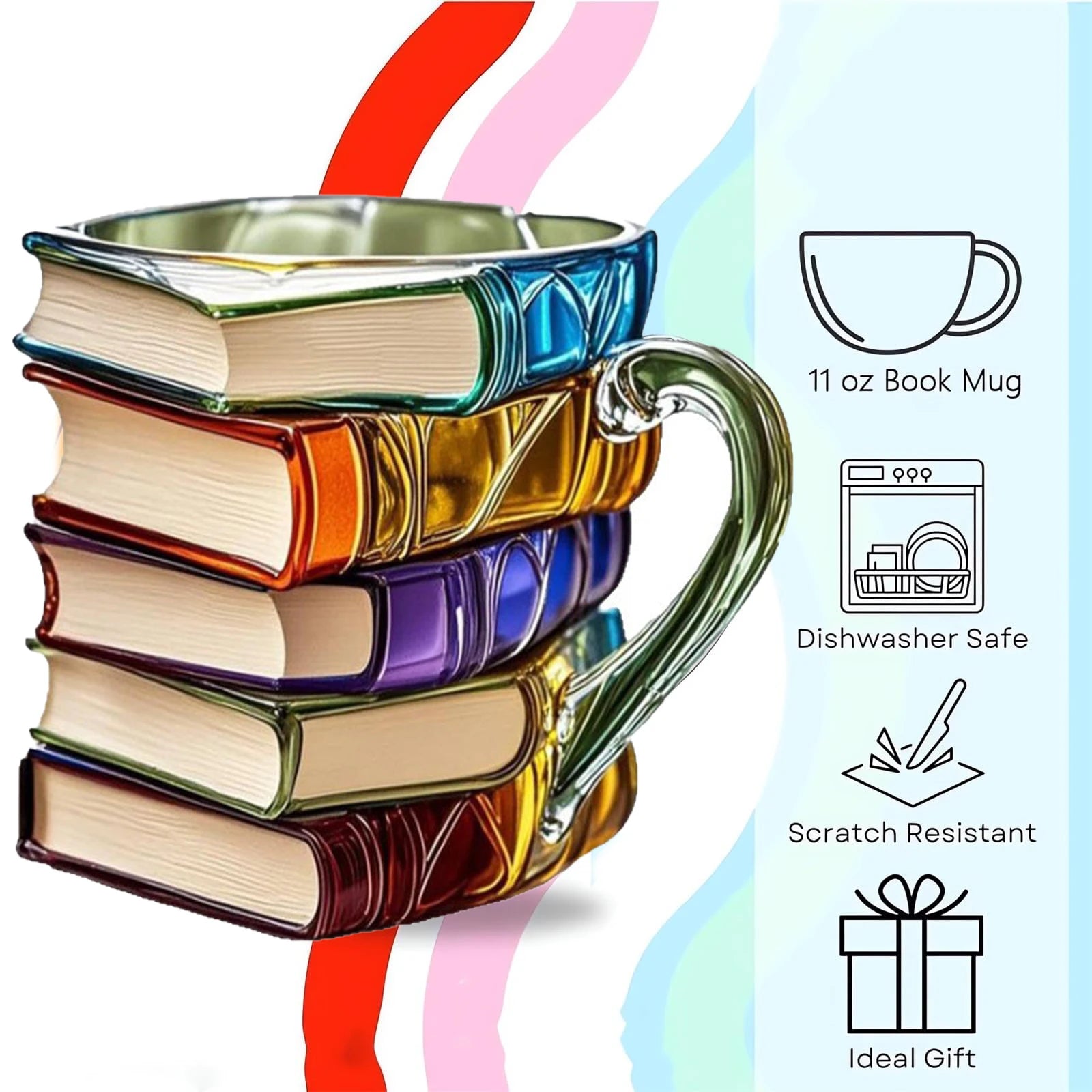 A charming coffee mug designed to look like a stack of colorful, classic books.