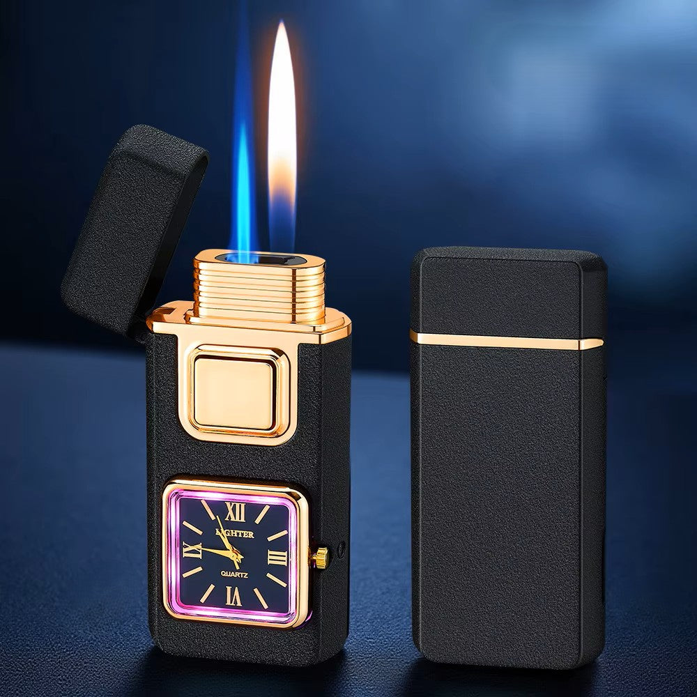 Close-up of the dual flame lighter's analog watch face