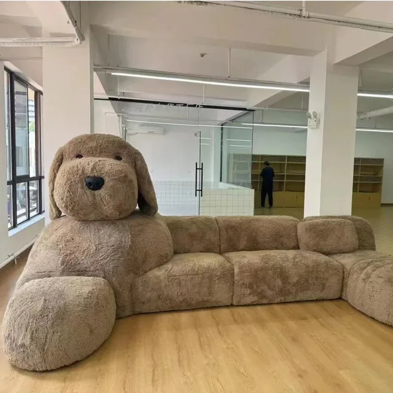 Dog relaxing on the giant plush sofa