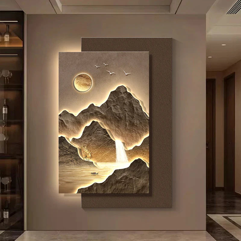 Close-up of the wooden texture and LED light on the modern wall art