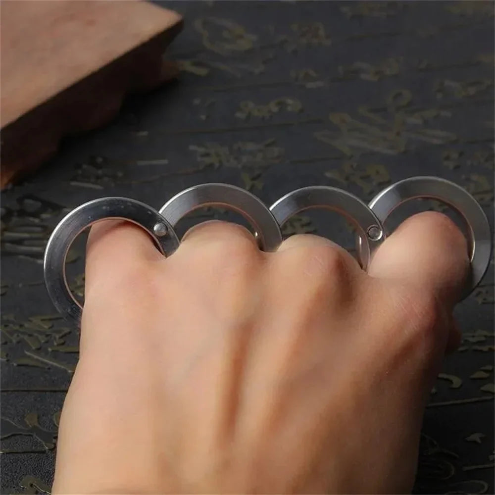 The stainless steel ring unfolded and ready for use