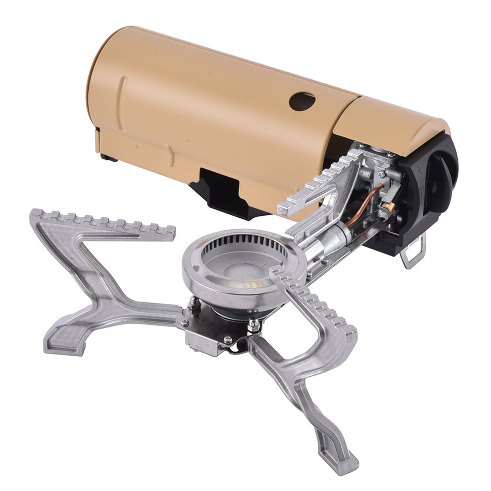 A detailed view of the burner and stable support legs of the portable folding gas stove.