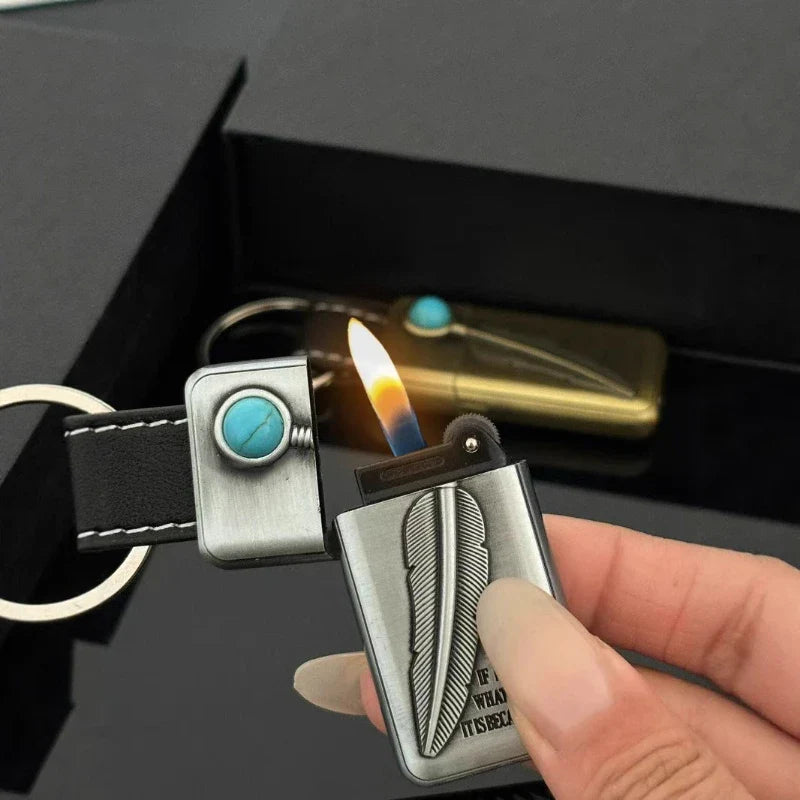 The Turquoise Stone Vintage Lighter attached to a set of keys for convenience