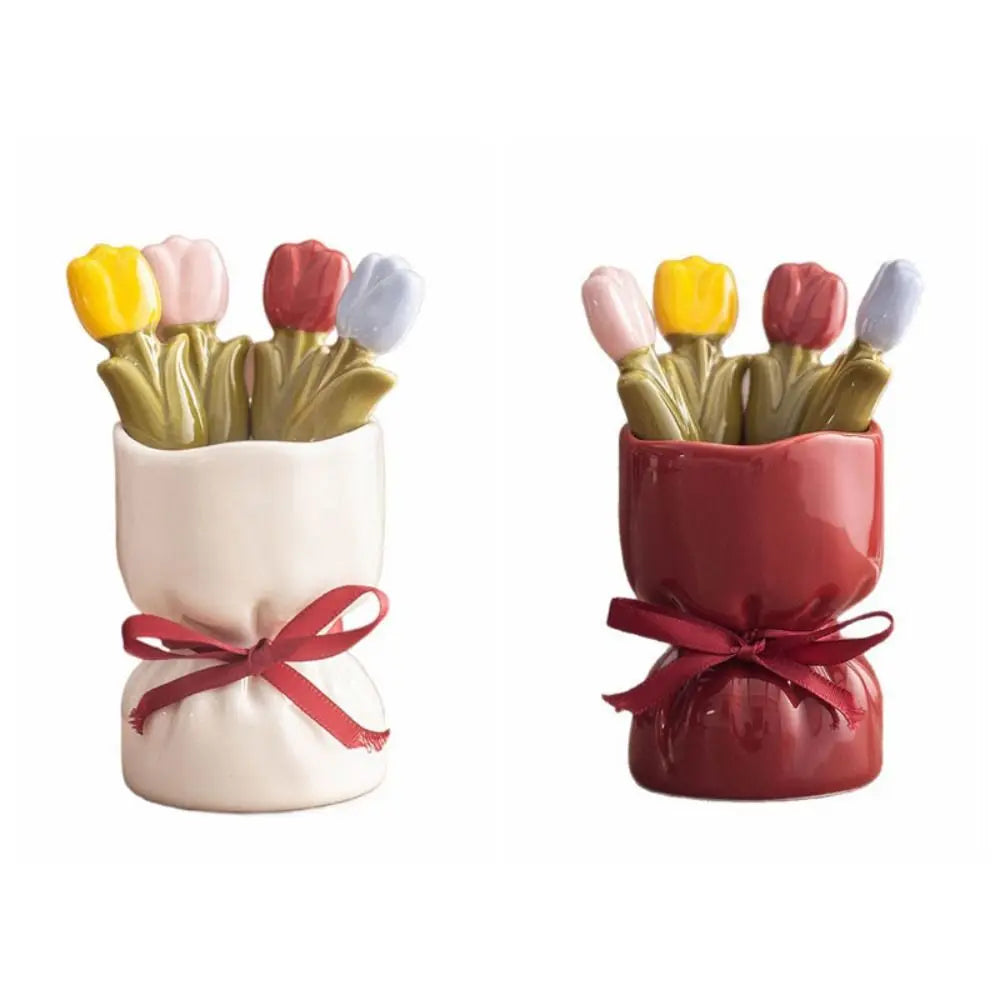 The complete Tulip Bloom Dessert Fork Set on a kitchen counter