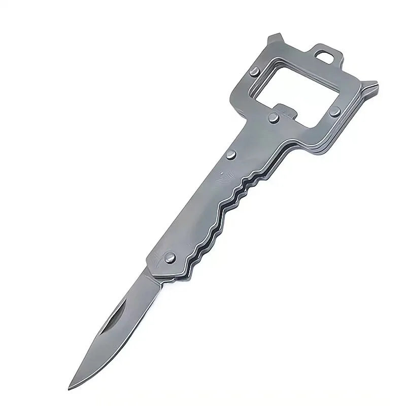 Demonstrating the pocket multi-tool's compact size and folding design