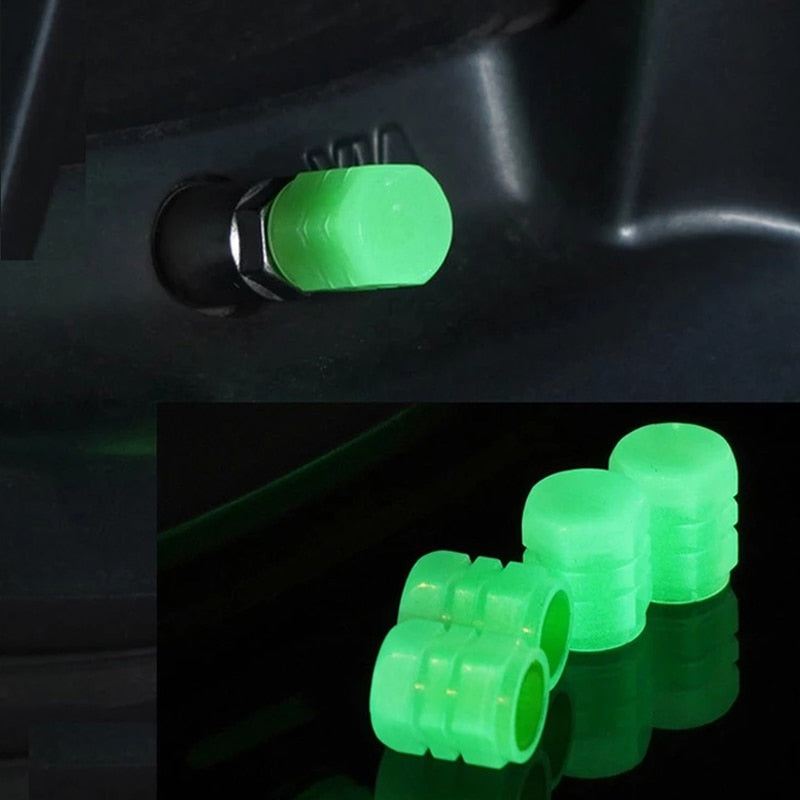 Demonstration of luminous car valve caps in the dark