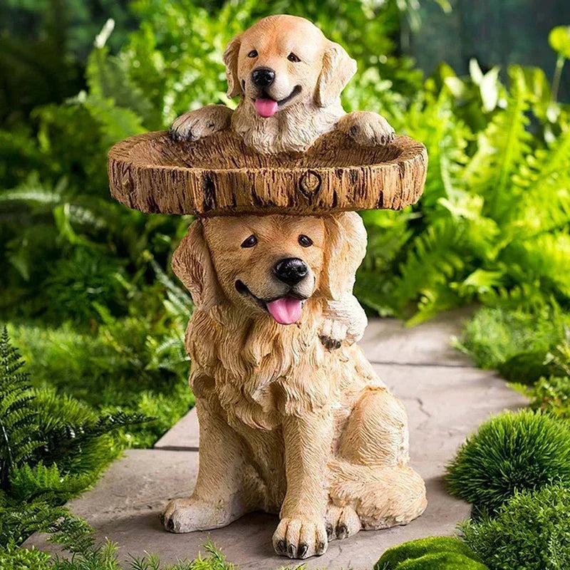 The puppy bird bath placed on a patio as a lifestyle present