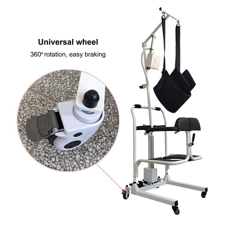 Detailed view of the durable wheels and locking mechanism of the transfer chair