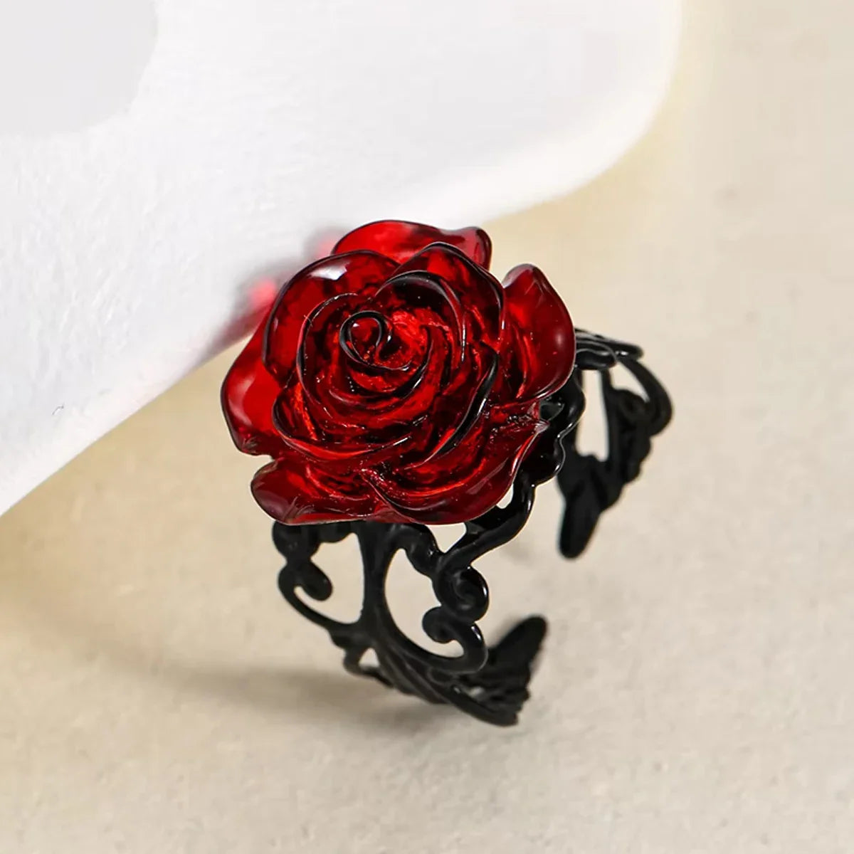 A person showcasing the bold and beautiful Gothic Dark Rose Ring