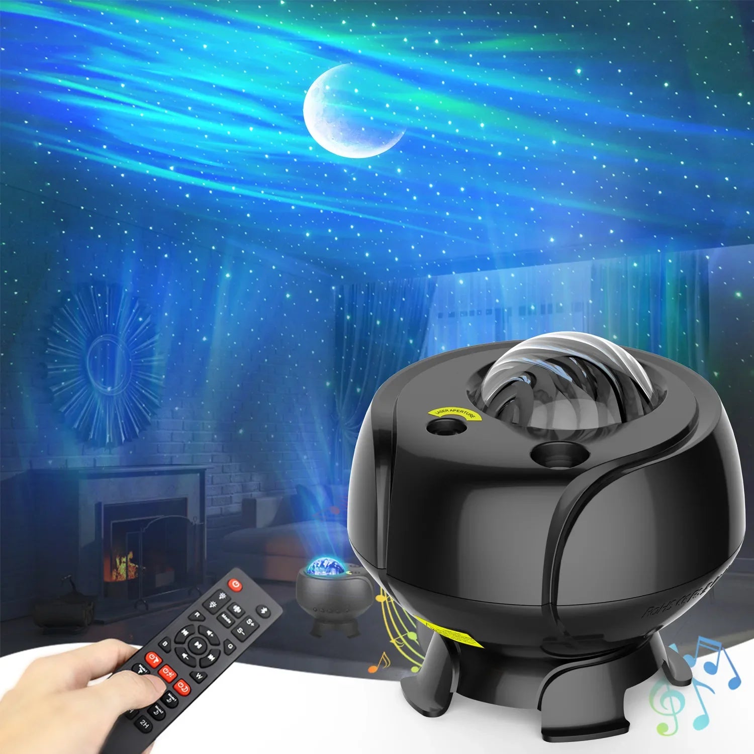 A person enjoying the ambient lighting from the starfield projector