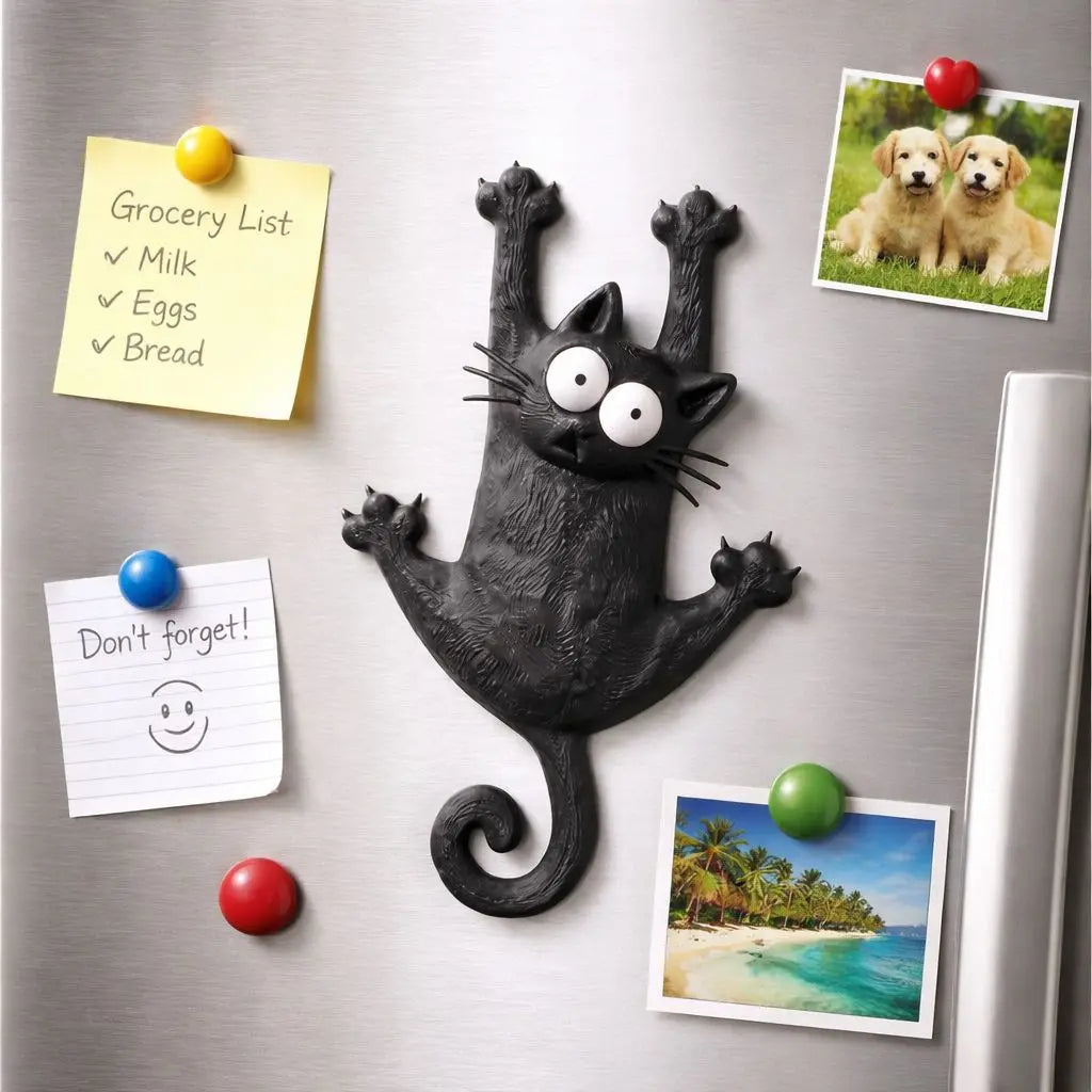 Funny cat magnet hanging on a white refrigerator door as a gift idea