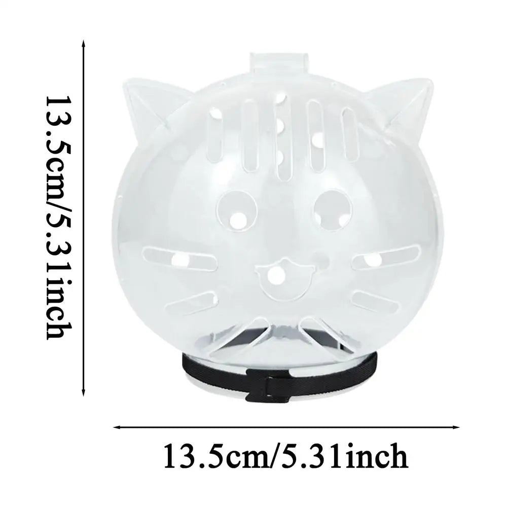 Detailed product view of the transparent cat helmet with dimensions