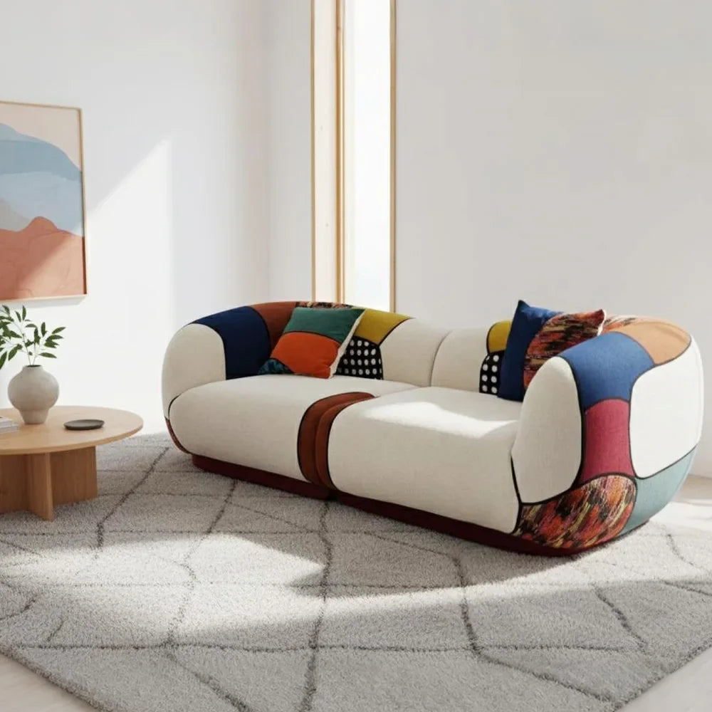Lifestyle shot of the Matissero Bold Patchwork sofa in a bright, modern apartment