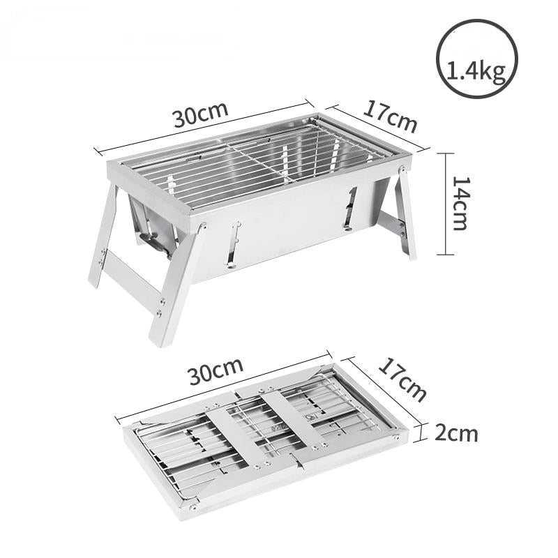 Product specifications and dimensions for the foldable camping grill