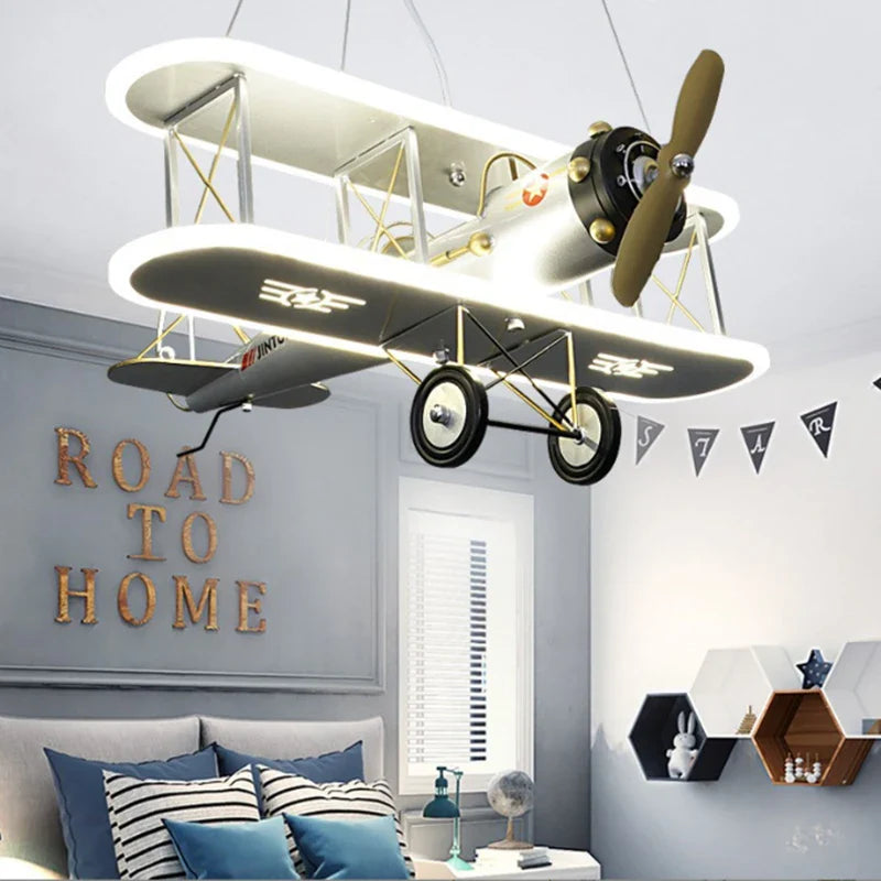 Warm glow from the vintage airplane ceiling light fixture