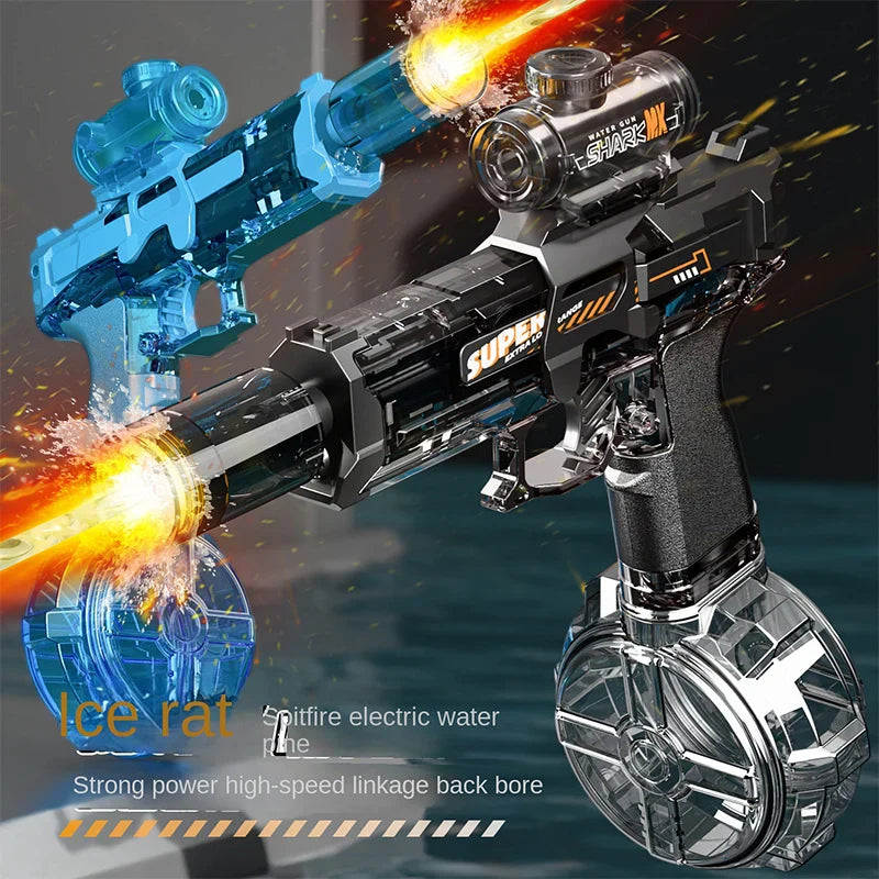Close up of the illuminated nozzle flame effect on the electric water blaster
