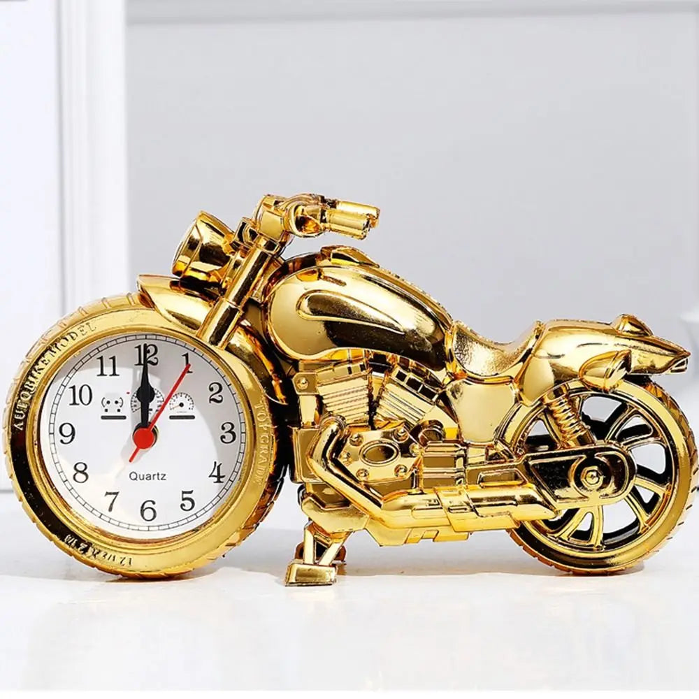 The vintage motorcycle clock shown in a home setting