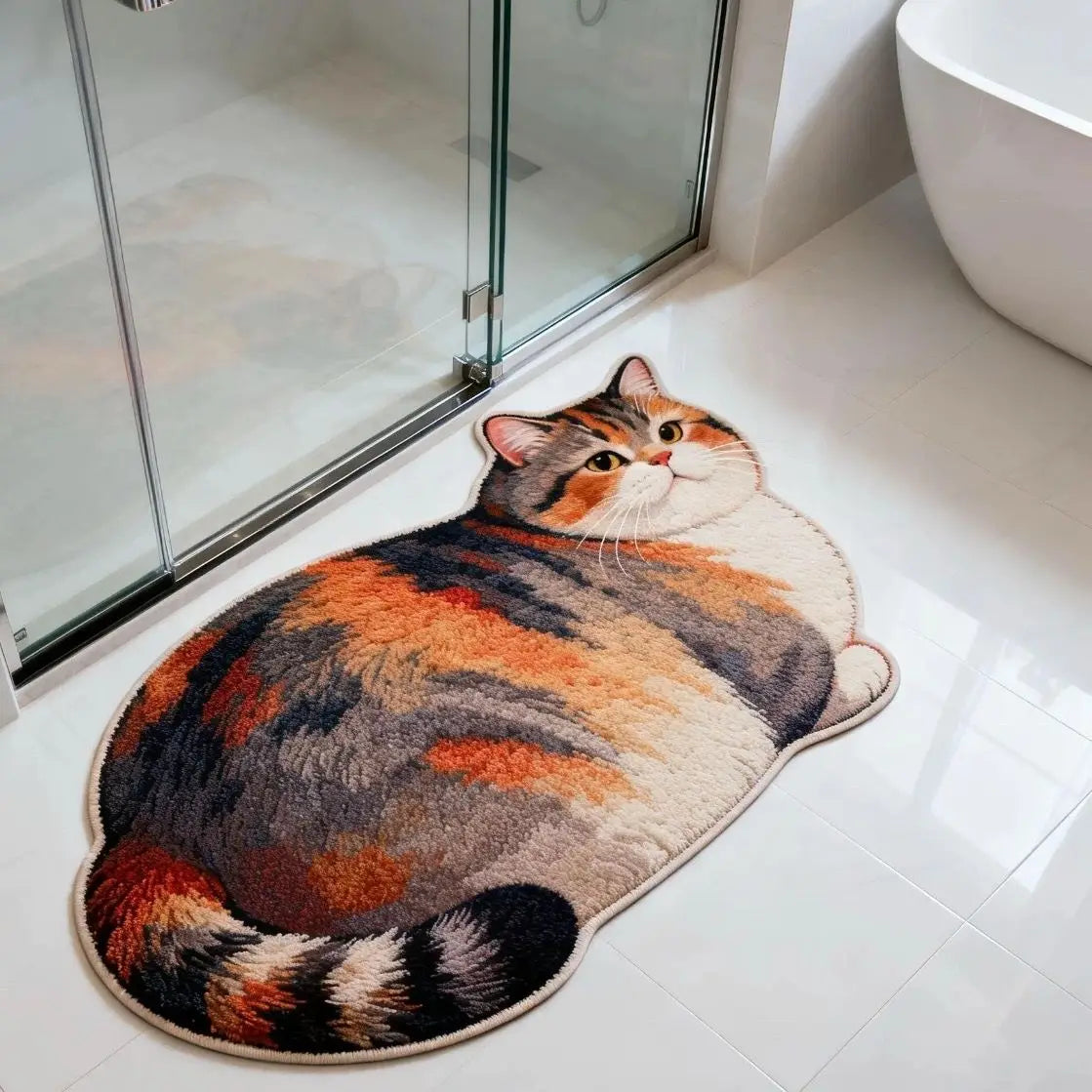 The Chubby Cat Bath Mat placed in an entryway