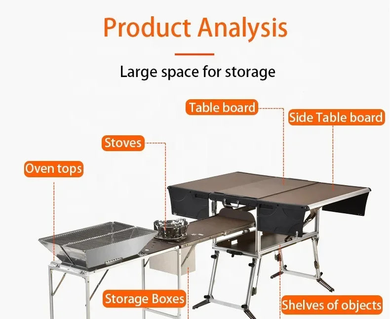 Family using the foldable kitchen station at an outdoor campsite