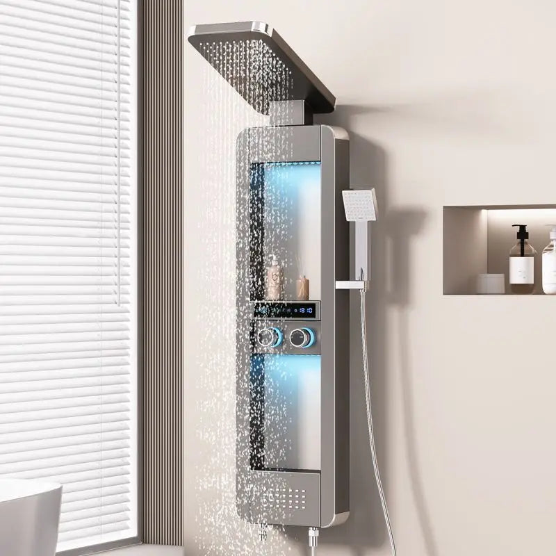 Close-up of the multiple spray nozzles on the modern shower panel
