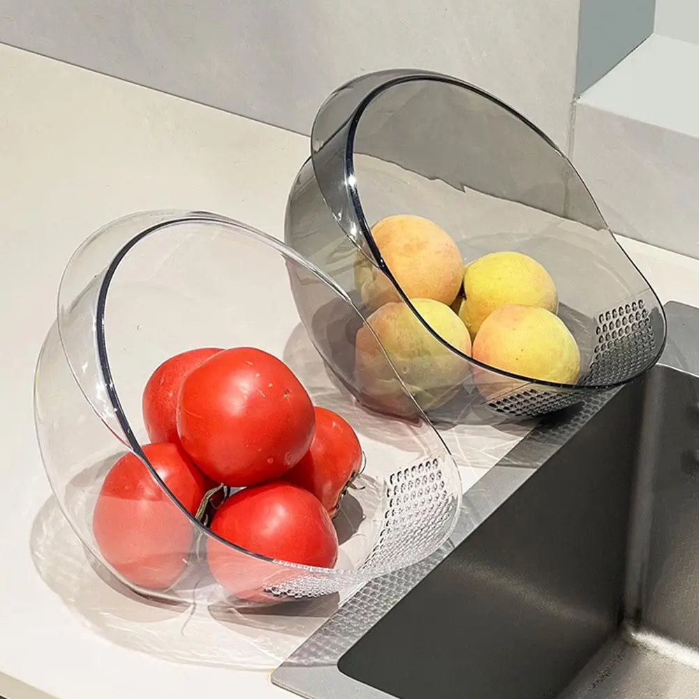 Tilted design of the Easy Drain Basket for hands-free washing of vegetables
