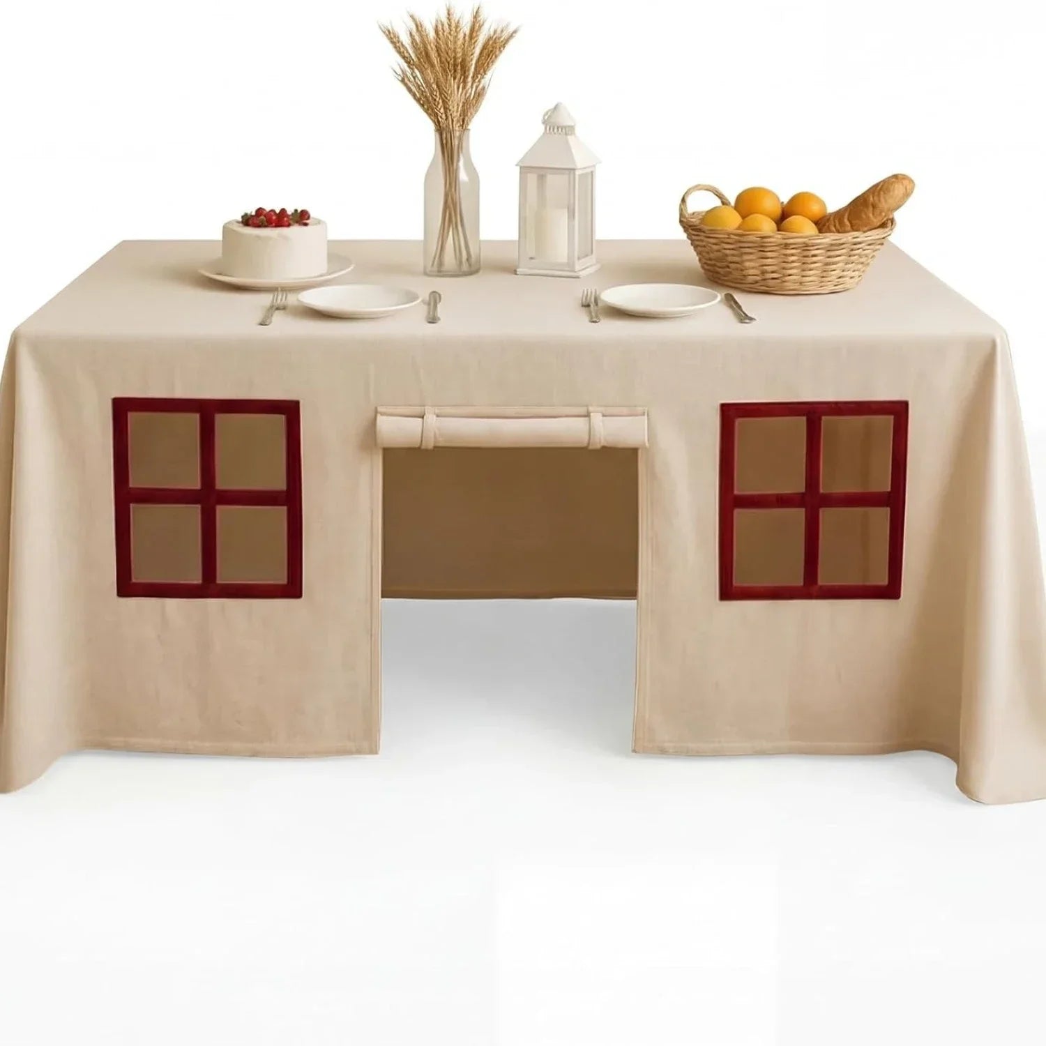 Lifestyle shot of the table tent playhouse cover in a living room setting
