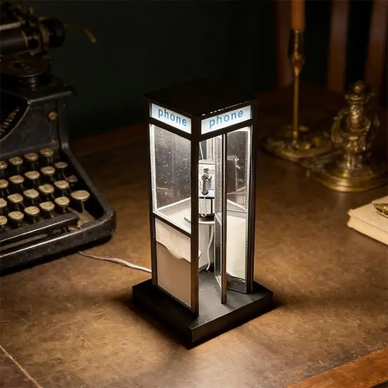 The telephone booth night light adding a warm glow to a room