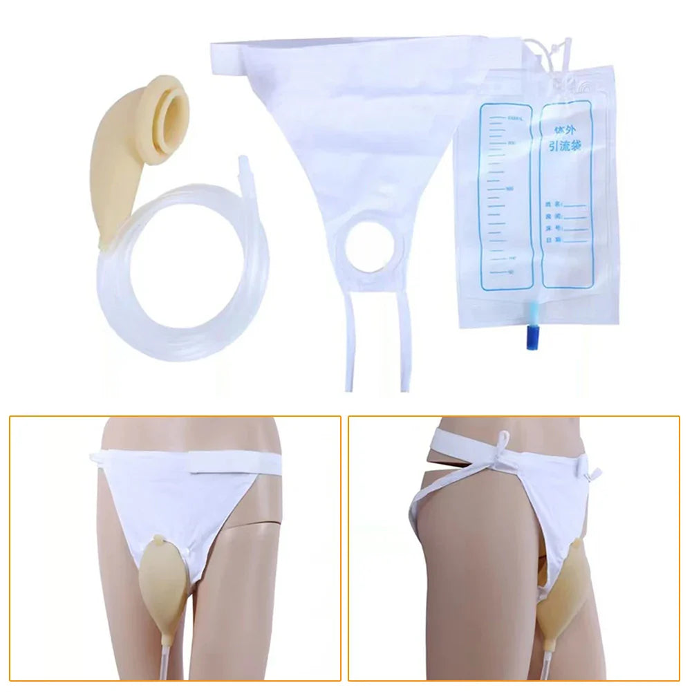 Detailed diagram showing the features of the wearable latex urinal bag