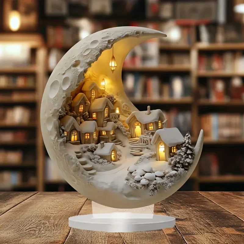 The Moon Winter City Decor lit up in a dark room