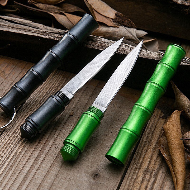 Detailed view of the bamboo handle and closed knife