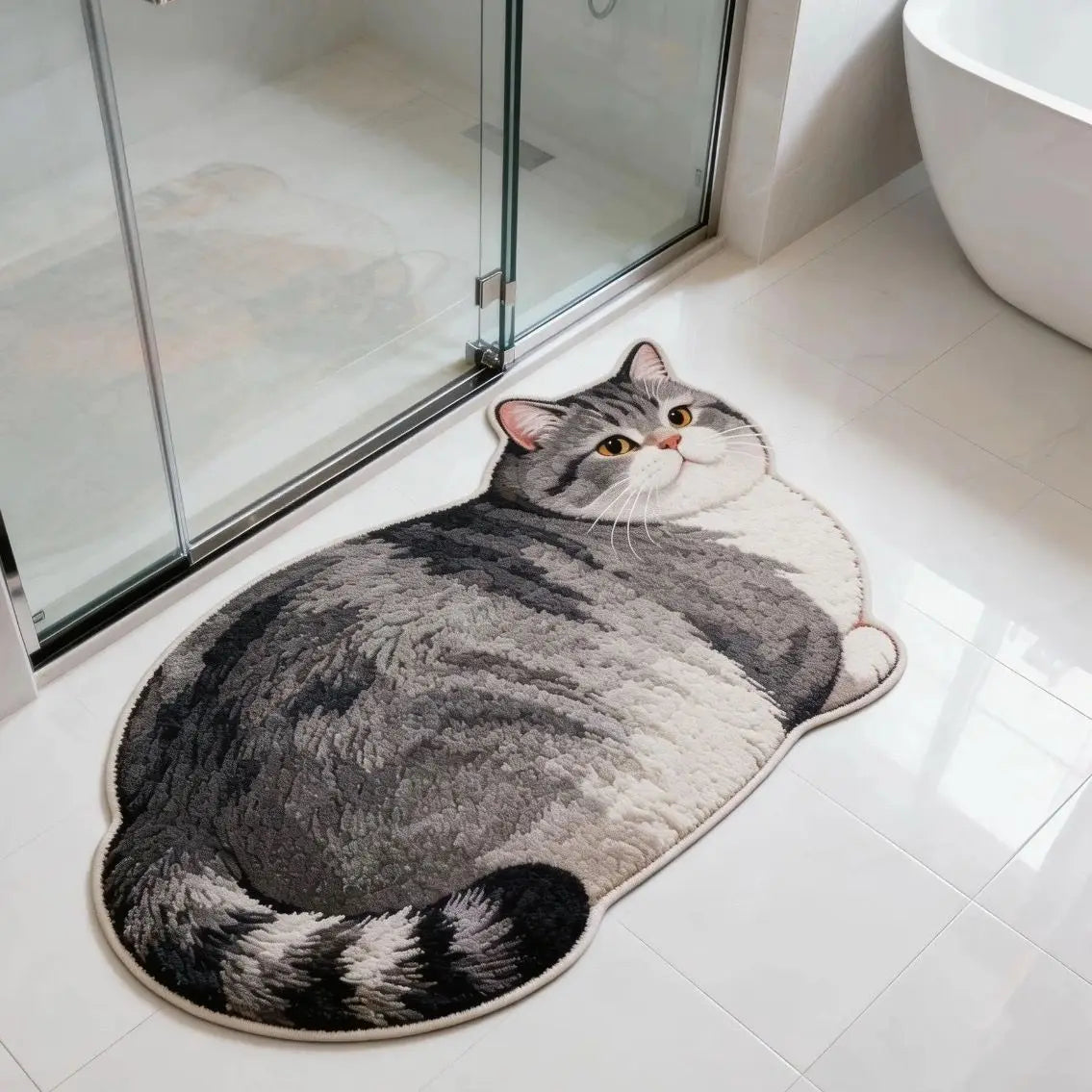 A person's feet on the soft surface of the cat bath mat