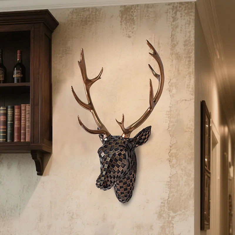 Close-up view of the sculptural deer head wall decor
