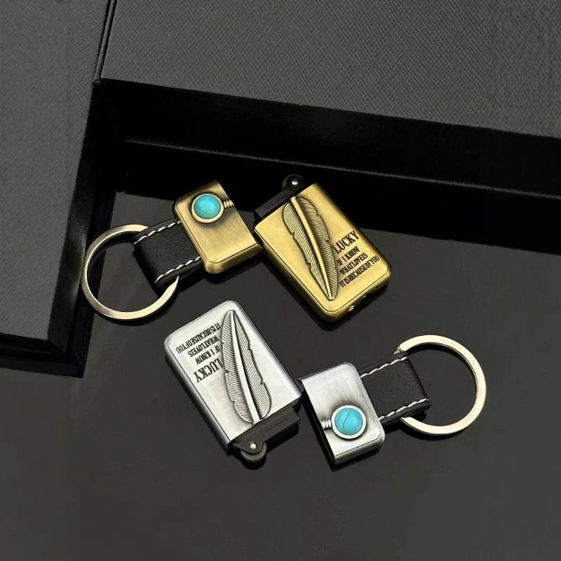 Turquoise Stone Vintage Metal Keychain Lighter with a feather motif