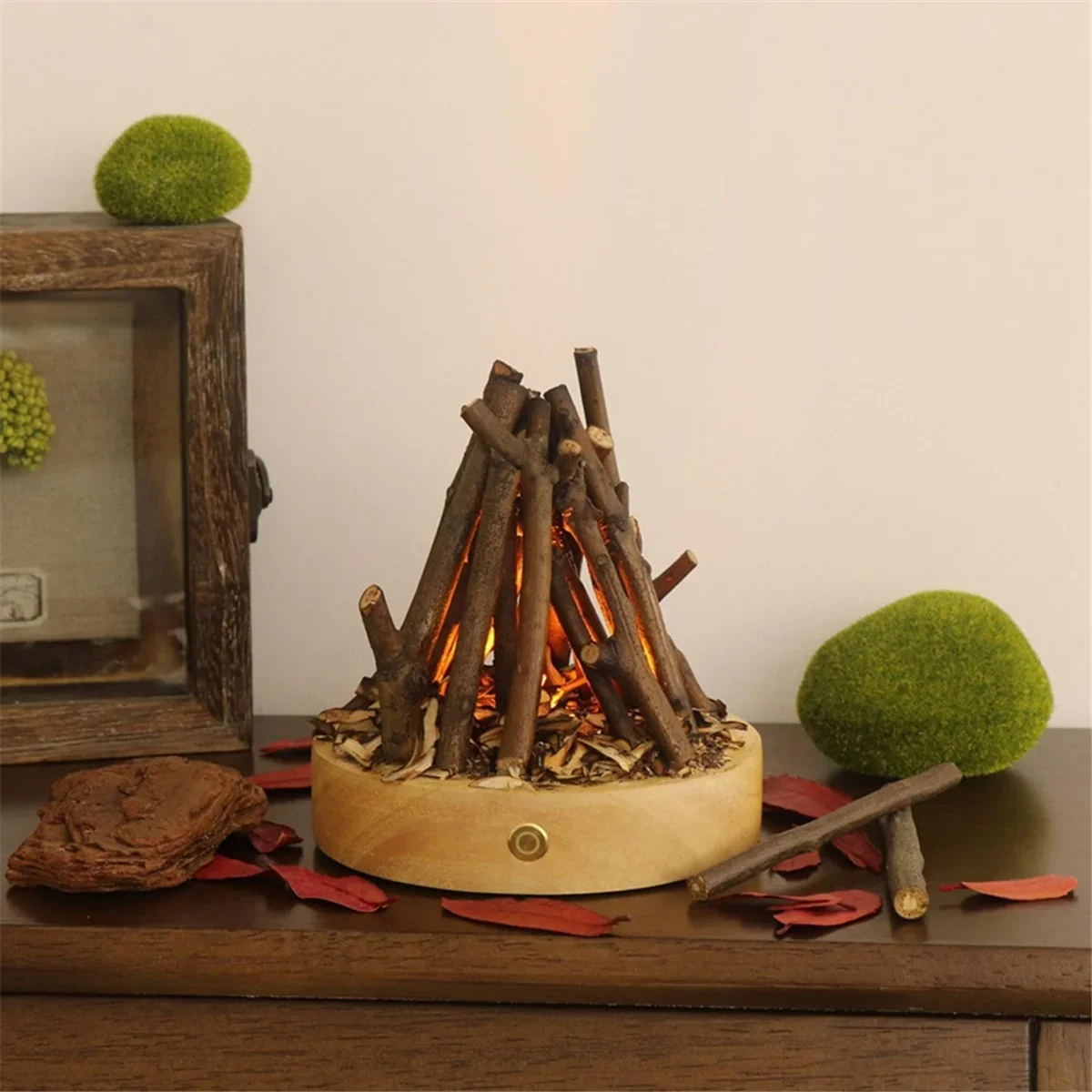 Using the campfire lamp to create a relaxing atmosphere in a living room