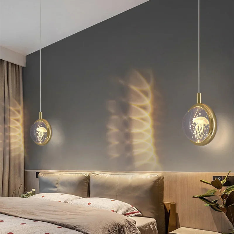 The halo pendant light creating a warm ambiance in a bedroom setting