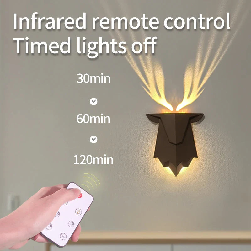 A person holding the deer shadow lamp to show its size and cordless design