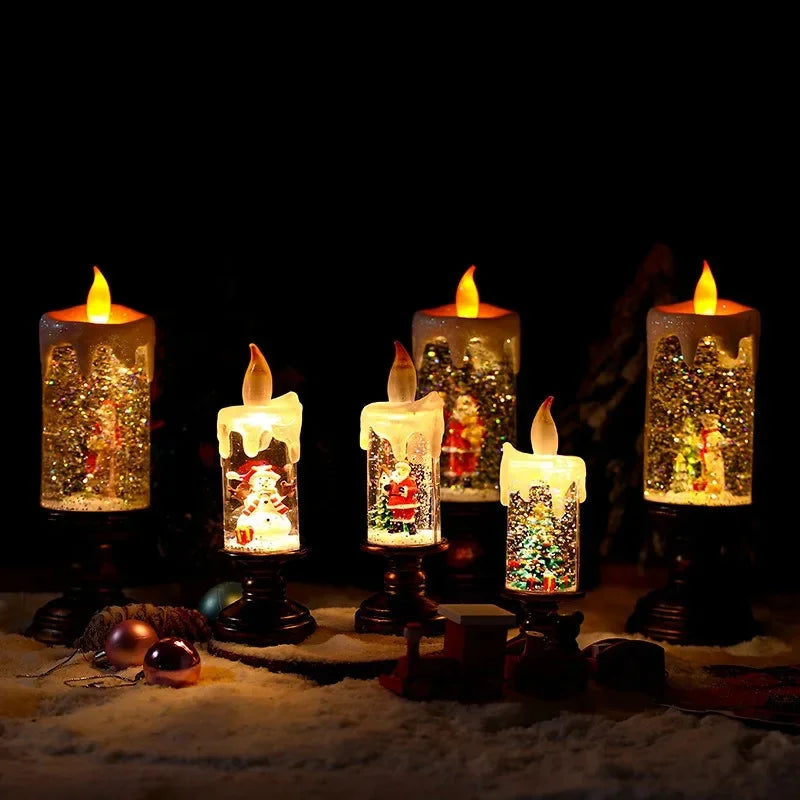 Close-up of the snowman and Christmas tree scene inside the crystal candle