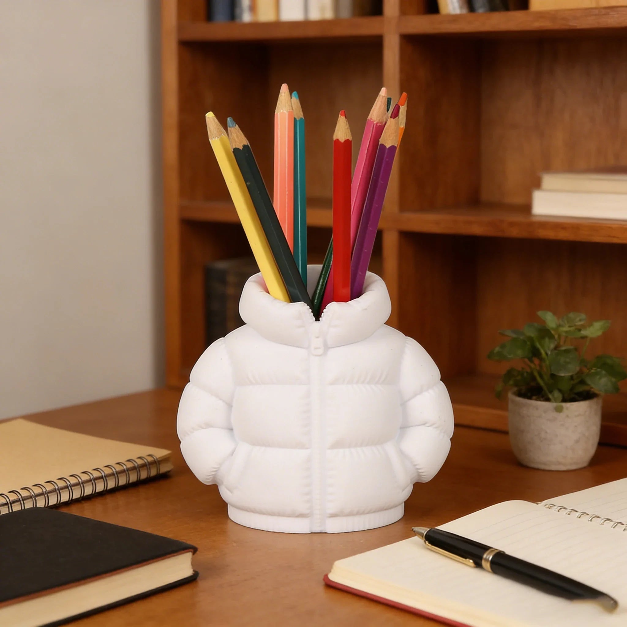 Mini Puffer Jacket Pen Holder on a desk next to a keyboard as a creative gadget gift