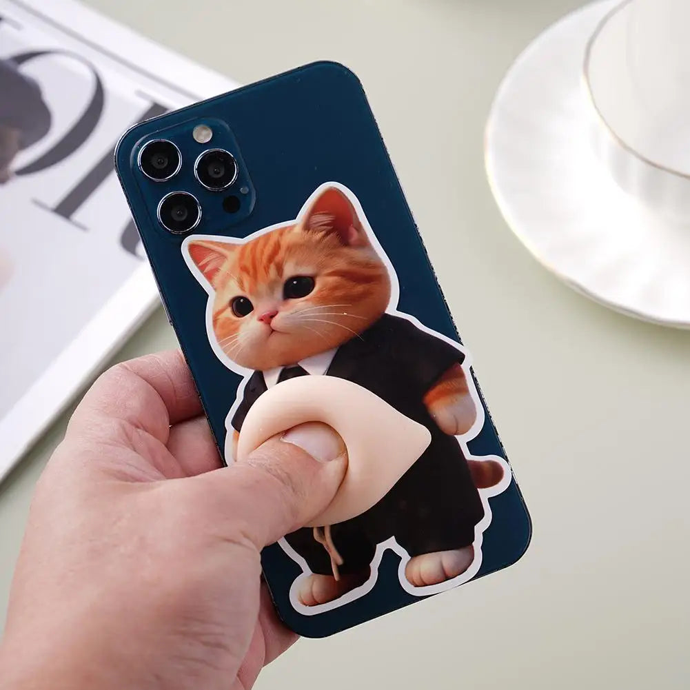 Cat bumper sticker applied to the back of a smartphone for a fun grip