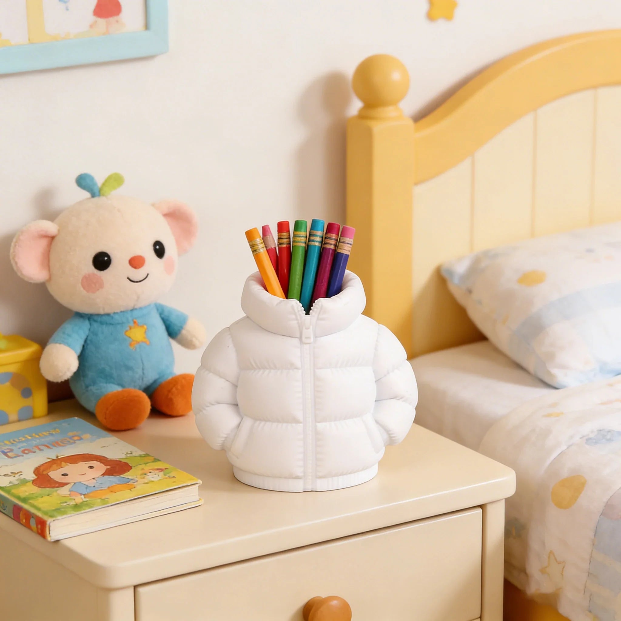 A collection of colorful puffer jacket pen holders showing unique gift ideas