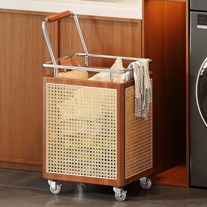 Close-up of the smooth-rolling wheels and durable iron frame of the storage basket