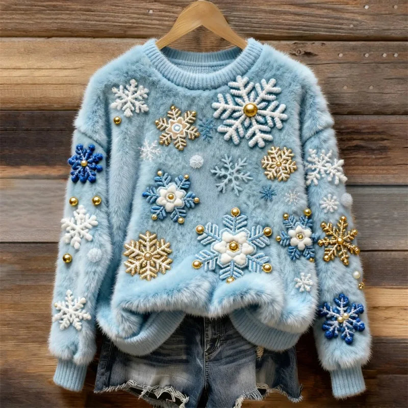 Full view of the Christmas Village Plush Sweater for women