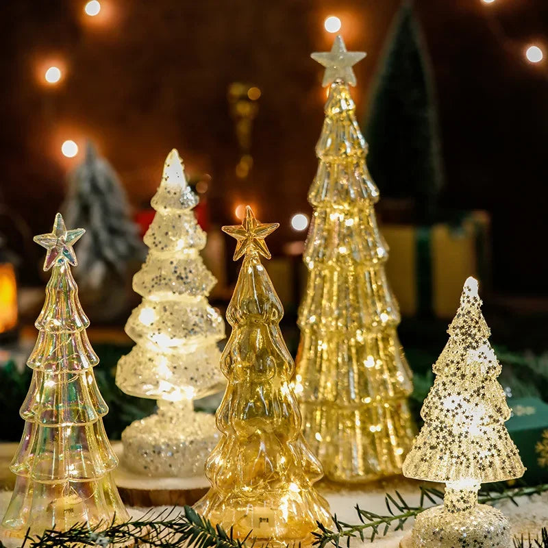 Elegant frosted glass tree lamp glowing warmly on a wooden table