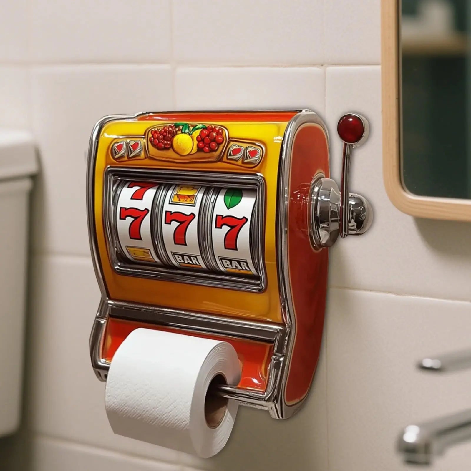 Slot Machine Toilet Paper Holder in a bathroom setting